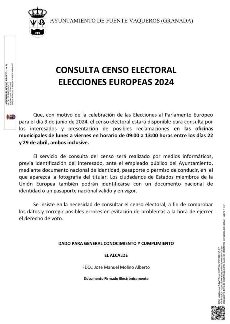 ELECCIONES AL PARLAMENTO EUROPEO 2024. LISTAS ELECTORALES Y RECLAMACIONES -Fuente Vaqueros