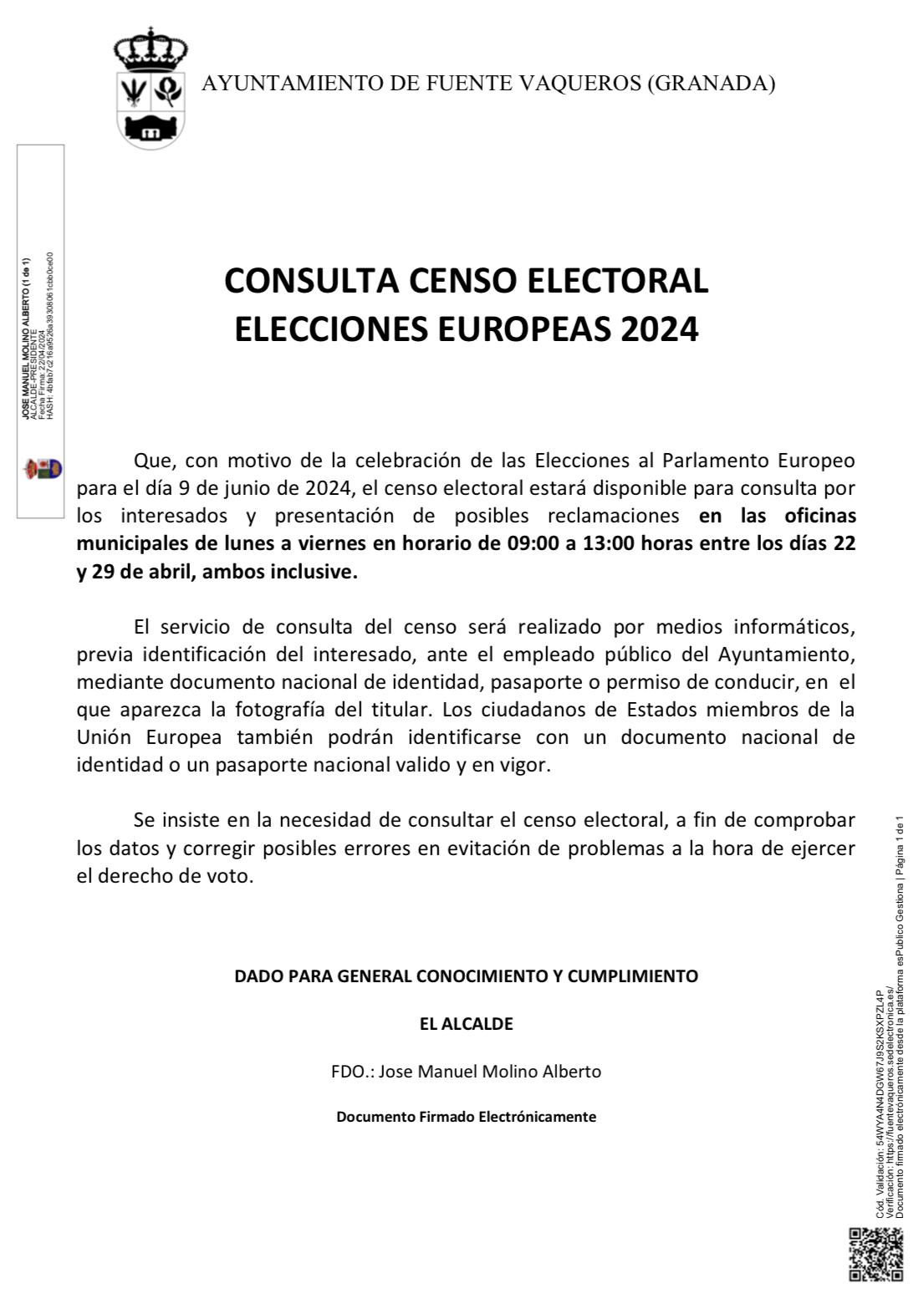 ELECCIONES AL PARLAMENTO EUROPEO 2024. LISTAS ELECTORALES Y RECLAMACIONES -Fuente Vaqueros