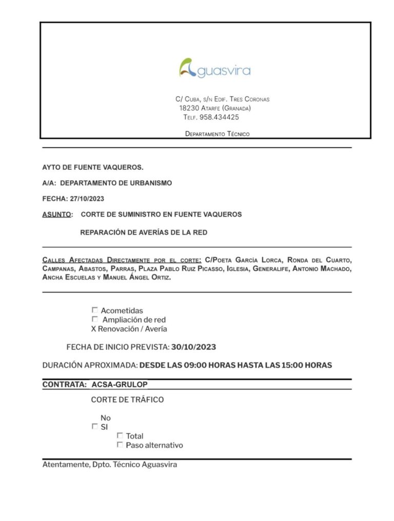 AGUASVIRA | CORTE DE AGUA PROGRAMADO-Fuente Vaqueros