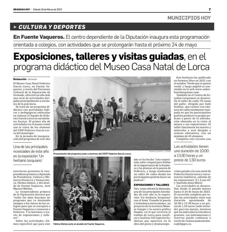 CULTURA | INICIO DEL PROGRAMA «UN RAMO DE VOCES» PARA ESCOLARES EN LA CASA NATAL DE FEDERICO GARCÍA LORCA-Fuente Vaqueros