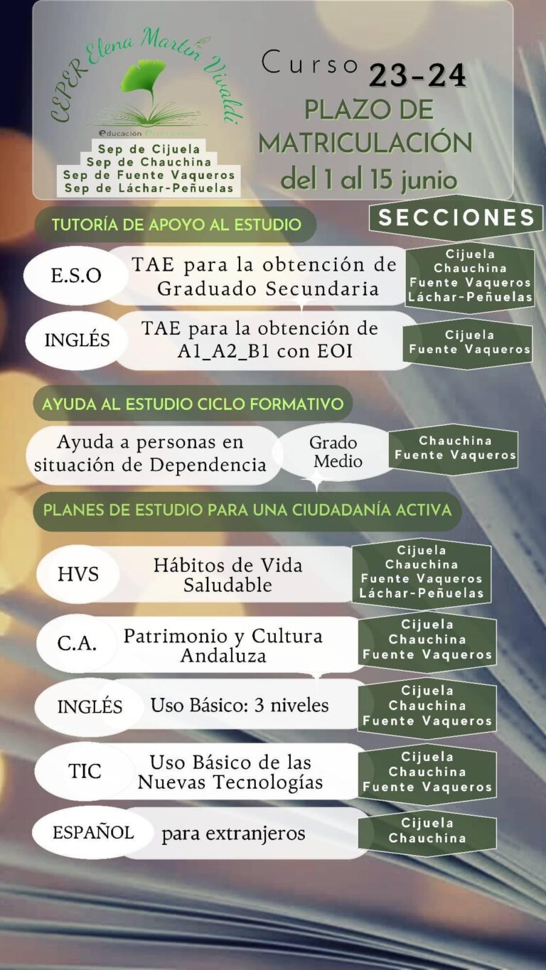 EDUCACIÓN | ABIERTO EL PLAZO DE MATRÍCULA EN LAS DISTINTAS FORMACIONES DE LA ESCUELA DE ADULTOS DE FUENTE VAQUEROS -Fuente Vaqueros