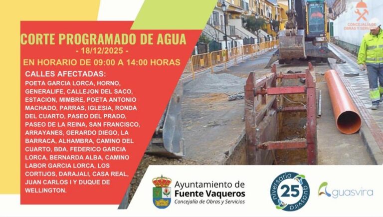 INFORMACION | CORTE PARCIAL DE AGUA JUEVES 18 DE DICIEMBRE DE 9H A 14H-Fuente Vaqueros