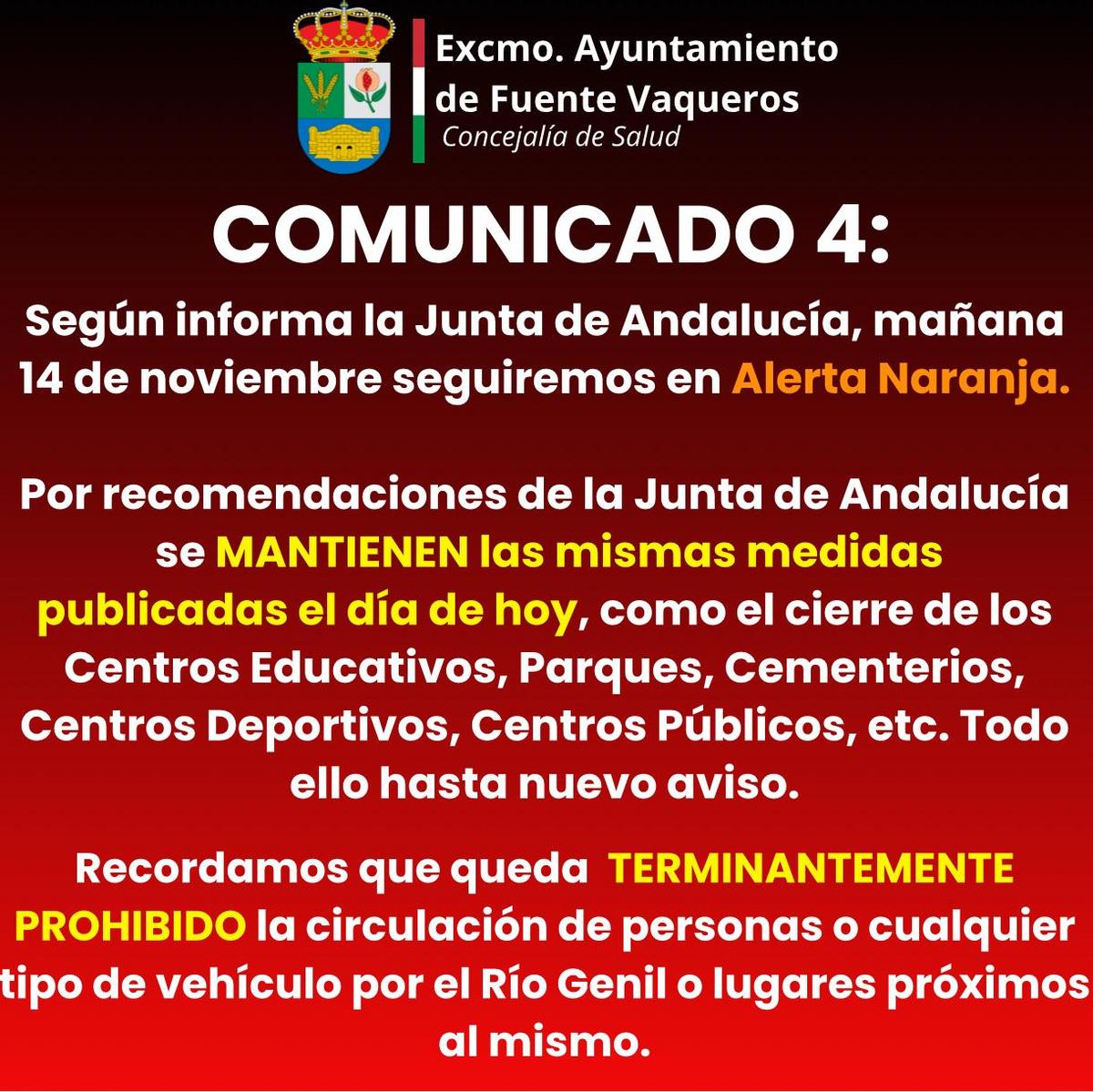 SE MANTIENE LA ALERTA NARANJA EN FUENTE VAQUEROS PARA MAÑANA 14 DE NOVIEMBRE-Fuente Vaqueros