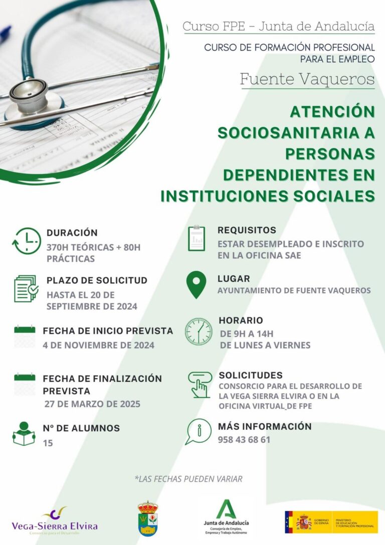 FORMACION | ATENCIÓN SOCIOSANITARIA A PERSONAS DEPENDIENTES EN INSTITUCIONES SOCIALES-Fuente Vaqueros