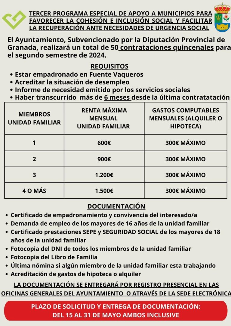 El Ayuntamiento, Subvencionado por la Diputación Provincial de Granada, realizará un total de 50 contrataciones quincenales para el segundo semestre de 2024.-Fuente Vaqueros